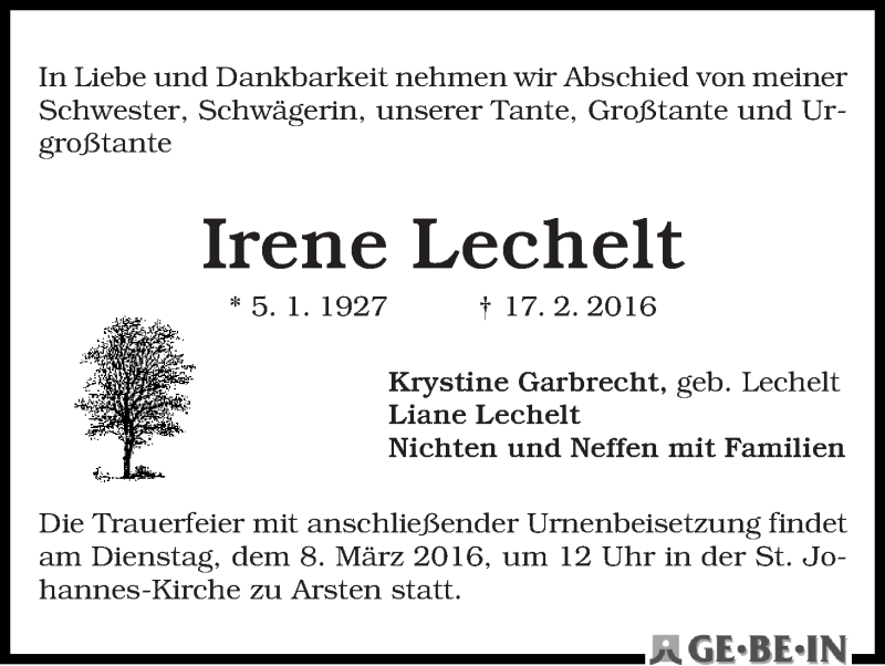 Traueranzeige von Irene Lechelt von WESER-KURIER