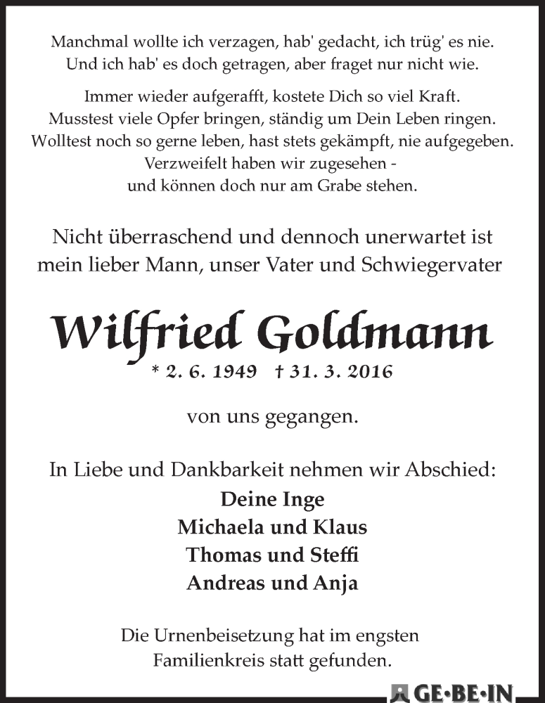 Traueranzeige von Wilfried Goldmann von WESER-KURIER
