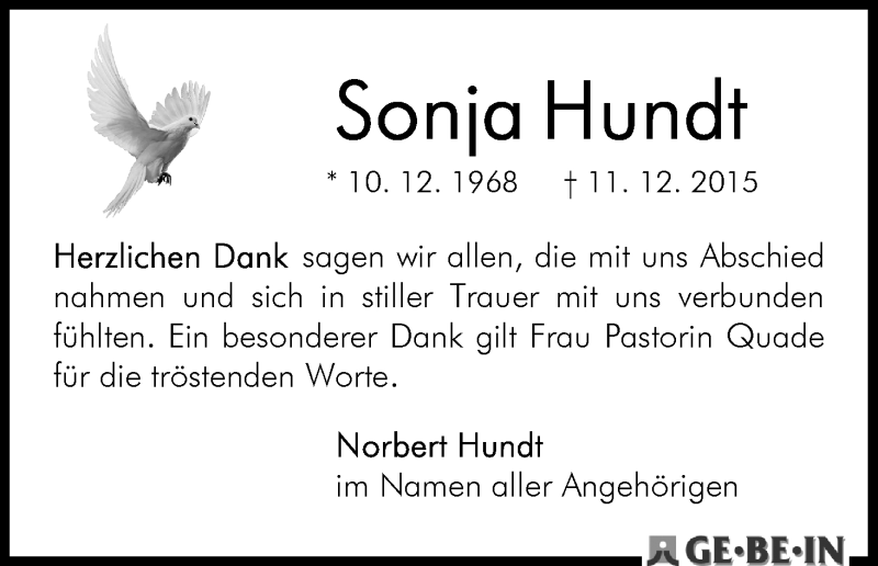  Traueranzeige für Sonja Hundt vom 02.01.2016 aus WESER-KURIER