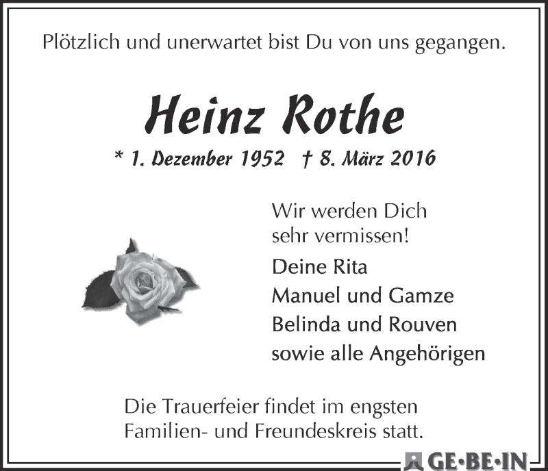 Traueranzeige von Heinz Rothe von WESER-KURIER