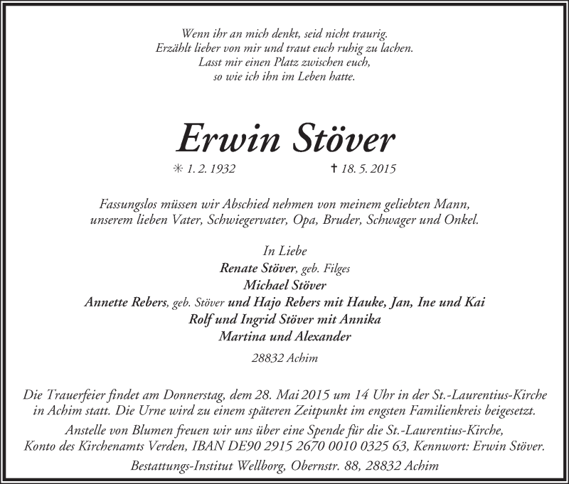  Traueranzeige für Erwin Stöver vom 22.05.2015 aus WESER-KURIER