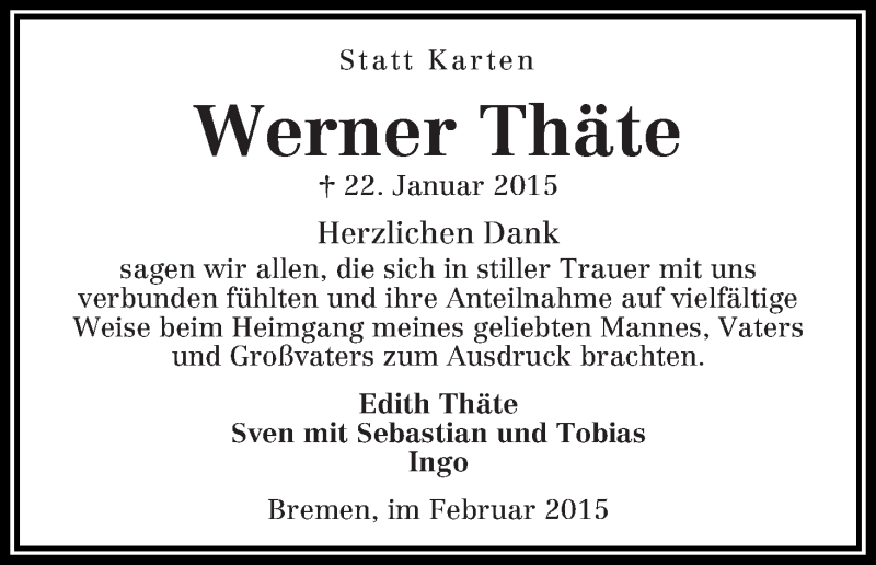 Traueranzeige von Werner Thäte von WESER-KURIER