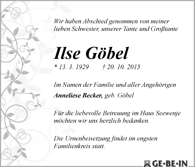 Traueranzeige von Ilse Göbel von WESER-KURIER