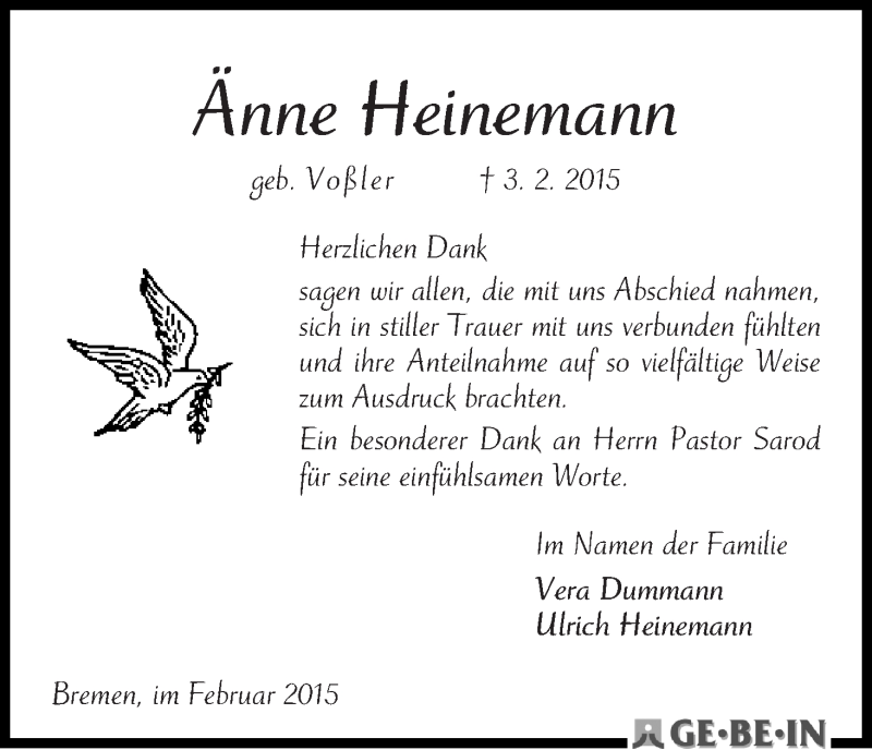 Traueranzeige von Änne Heinemann von WESER-KURIER