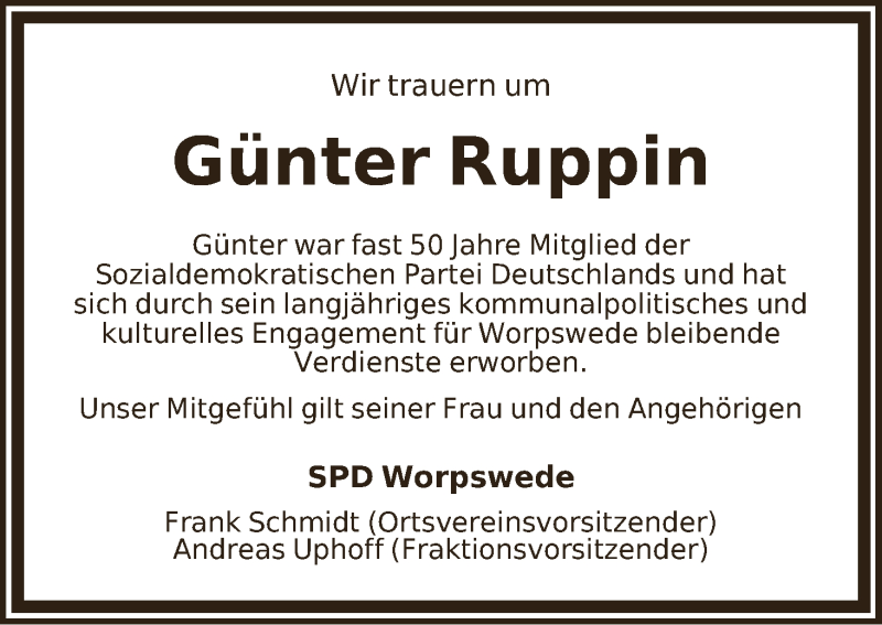 Traueranzeige von Günter Ruppin von Wuemme Zeitung
