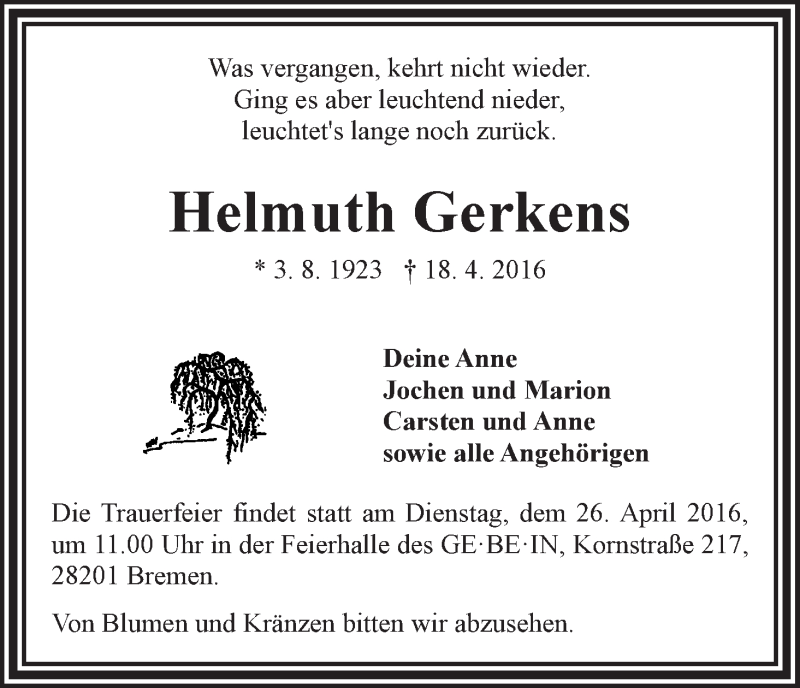 Traueranzeige von Helmuth Gerkens von WESER-KURIER