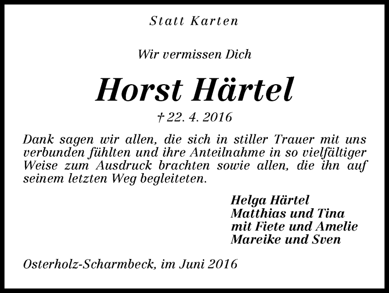 Traueranzeige von Horst Härtel von Osterholzer Kreisblatt