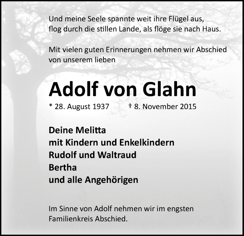Traueranzeige von Adolf von Glahn von Osterholzer Kreisblatt