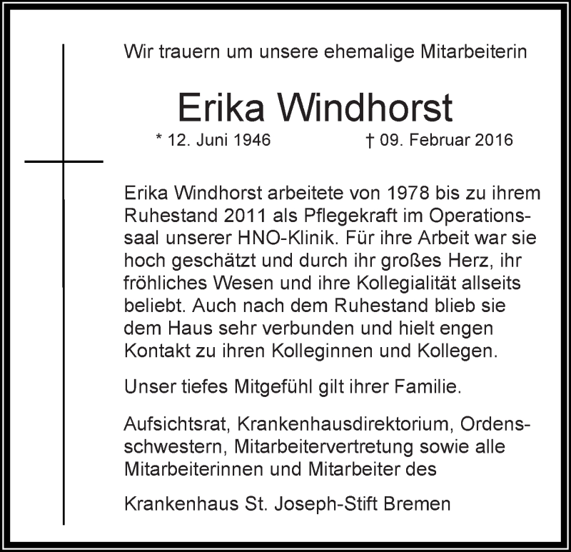  Traueranzeige für Erika Windhorst vom 13.02.2016 aus WESER-KURIER