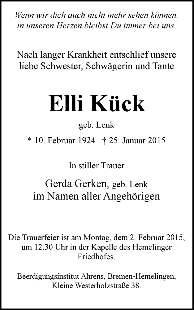 Traueranzeige von Elli Kück von WESER-KURIER
