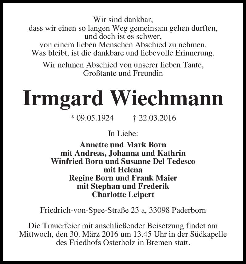 Traueranzeige von Irmgard Wiechmann von WESER-KURIER