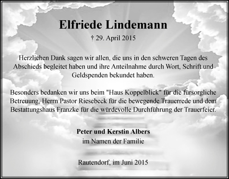Traueranzeige von Elfriede Lindemann von Wuemme Zeitung
