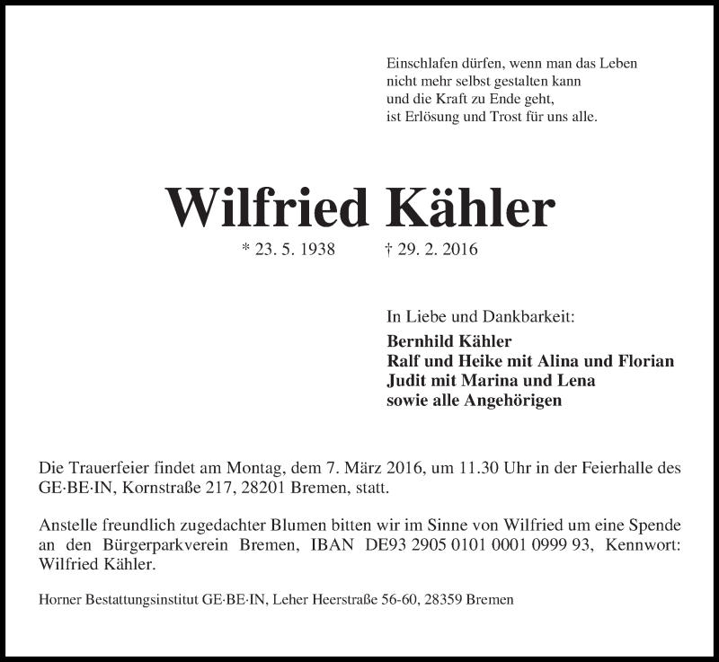 Traueranzeige von Wilfried Kähler von WESER-KURIER