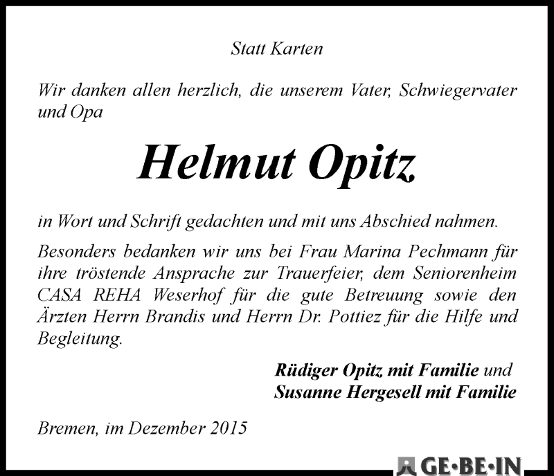 Traueranzeige von Helmut Opitz von WESER-KURIER