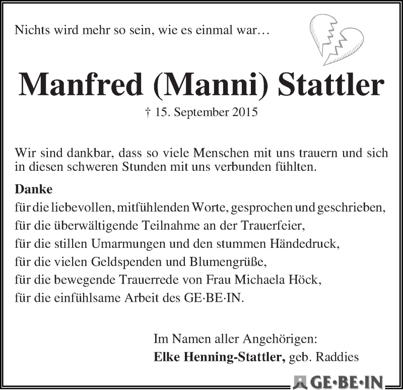 Traueranzeige von Manfred  Stattler von Die Norddeutsche