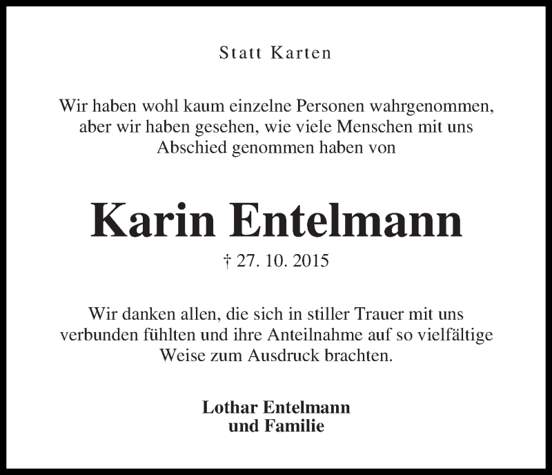 Traueranzeige von Karin Entelmann von Die Norddeutsche
