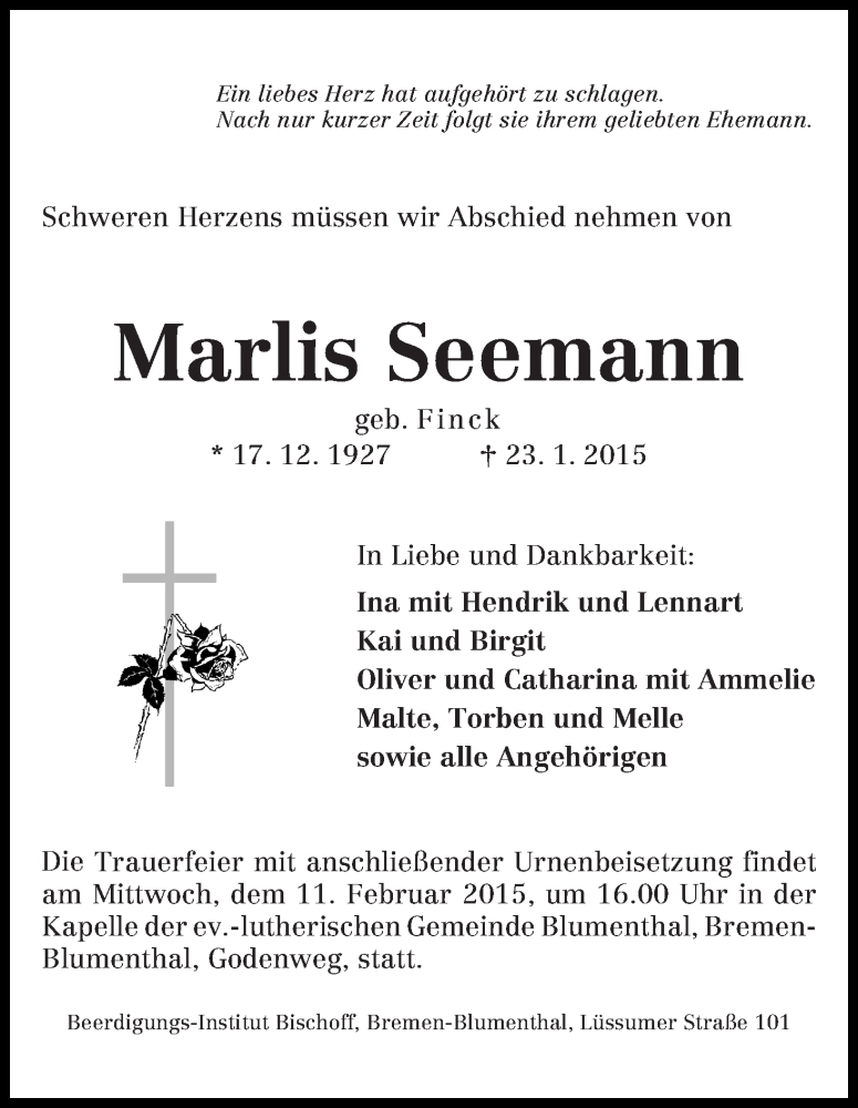 Traueranzeige von Marlis Seemann von Die Norddeutsche