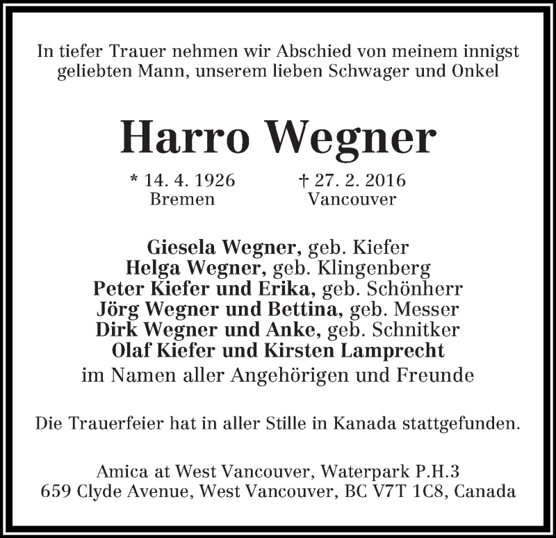 Traueranzeige von Harro Wegner von WESER-KURIER