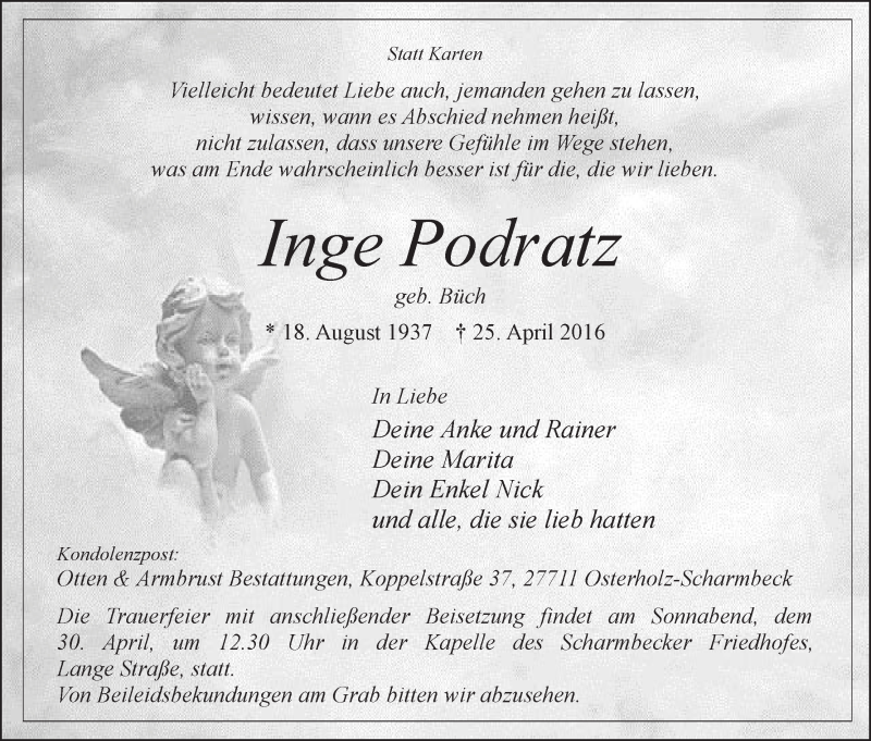 Traueranzeige von Inge Podratz von Osterholzer Kreisblatt