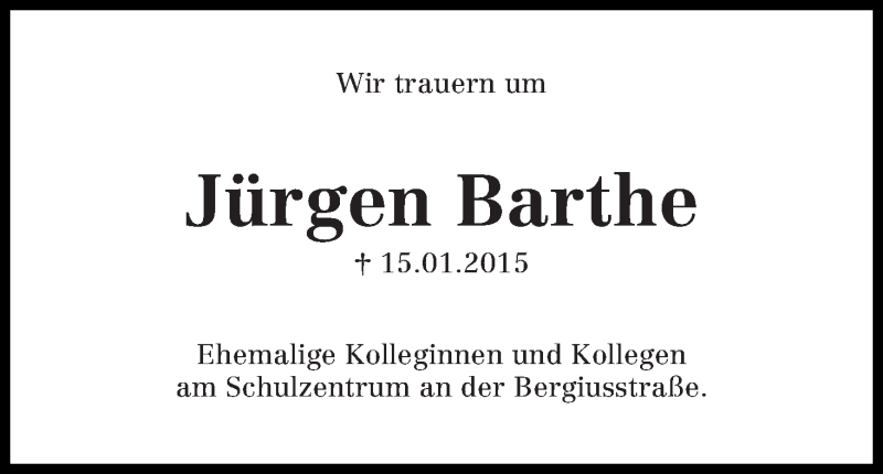 Traueranzeige von Jürgen Barthe von WESER-KURIER