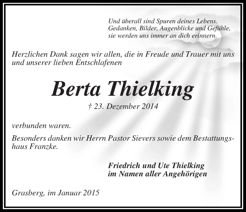 Traueranzeige von Berta Thielking von Wuemme Zeitung
