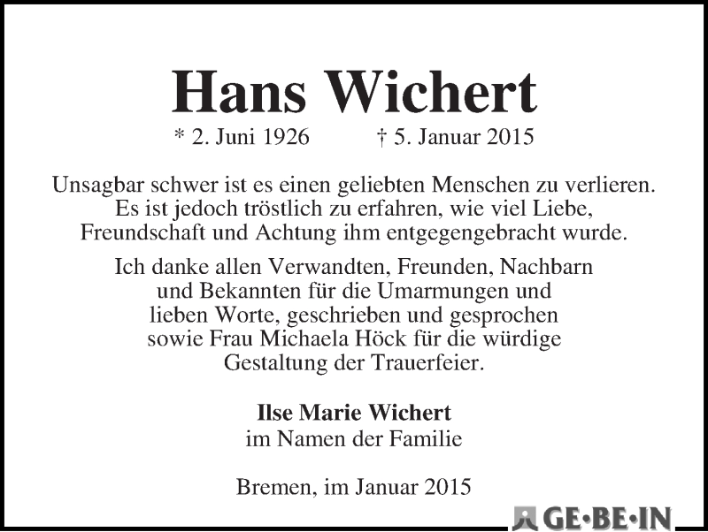 Traueranzeige von Hans Wichert von WESER-KURIER