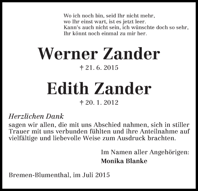 Traueranzeige von Werner und Edith Zander von Die Norddeutsche