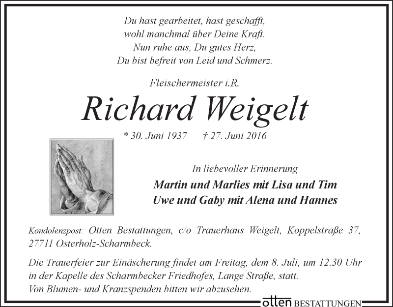 Traueranzeige von Richard Weigelt von WESER-KURIER