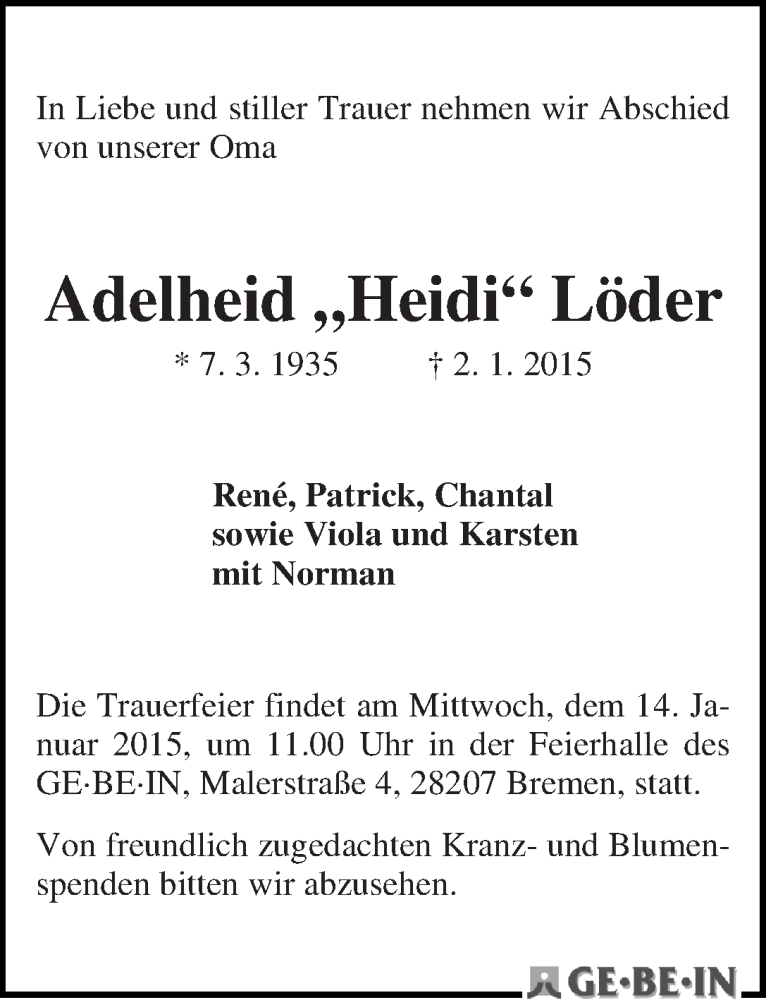 Traueranzeige von Adelheid 