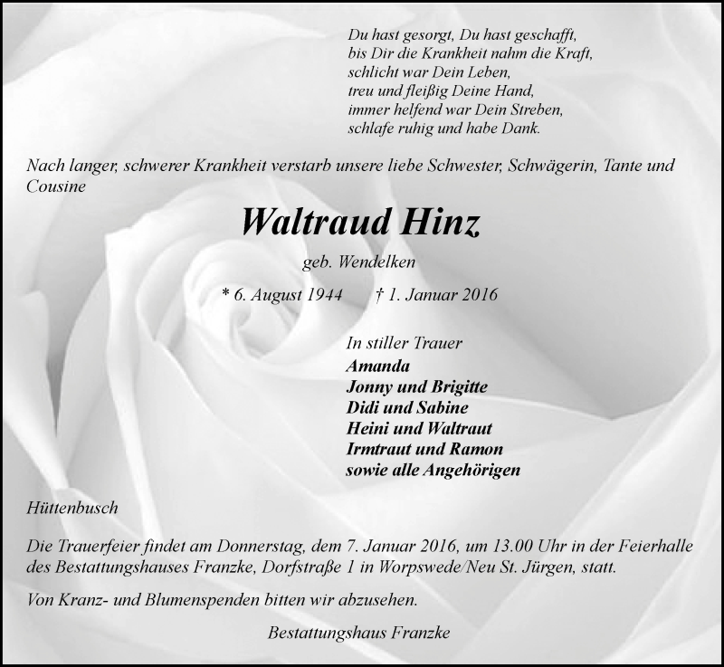 Traueranzeige von Waltraud Hinz von Wuemme Zeitung