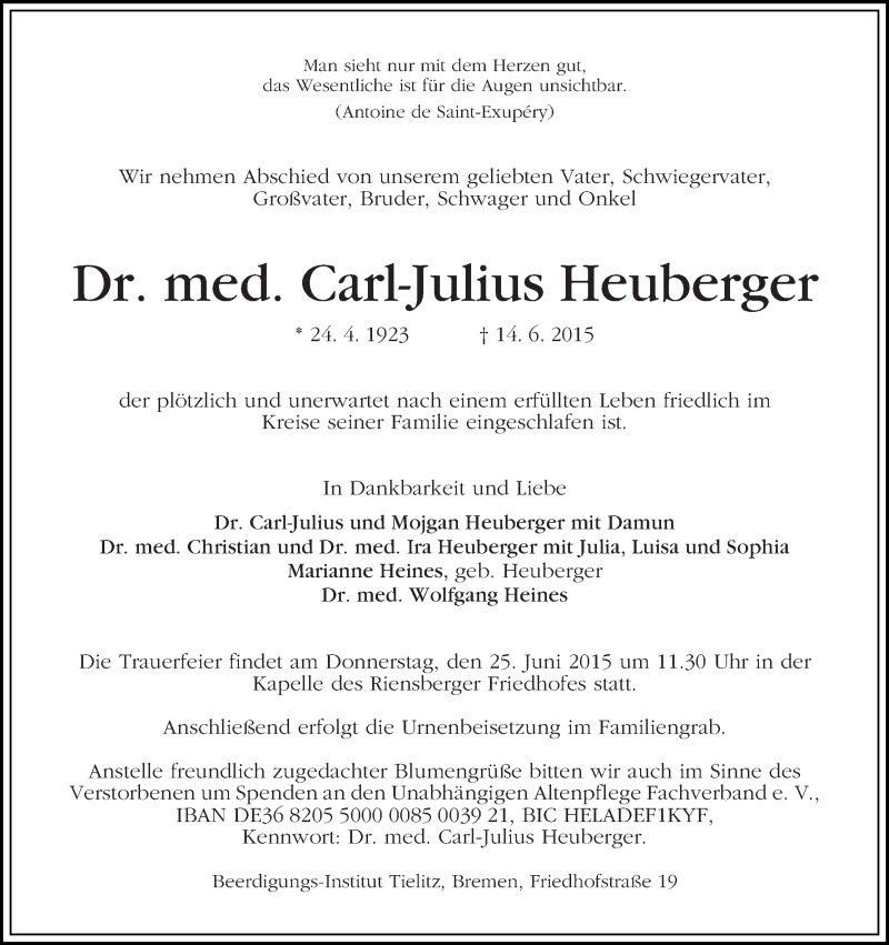 Traueranzeige von Carl-Julius Heuberger von WESER-KURIER