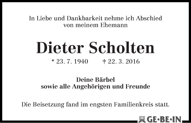 Traueranzeige von Dieter Scholten von WESER-KURIER