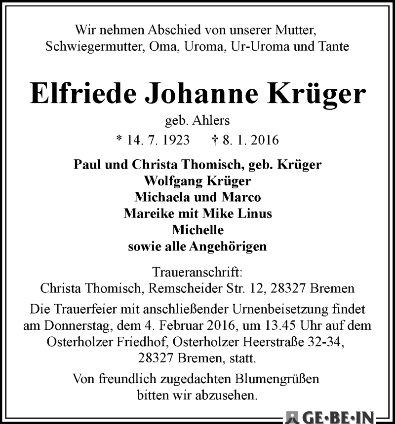 Traueranzeige von Elfriede Johanne Krüger von WESER-KURIER