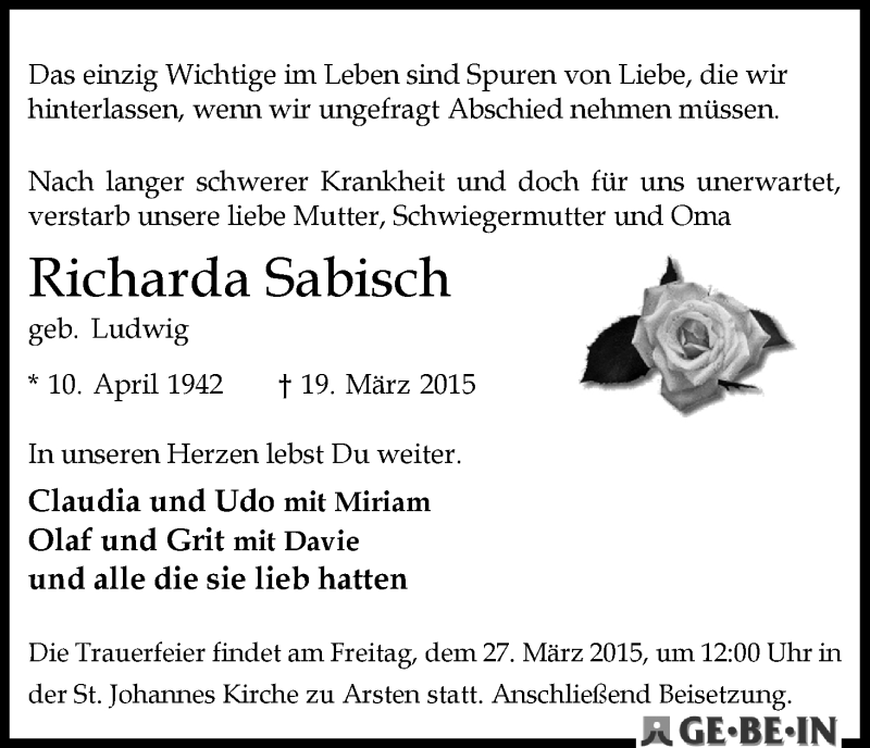 Traueranzeige von Richarda Sabisch von WESER-KURIER