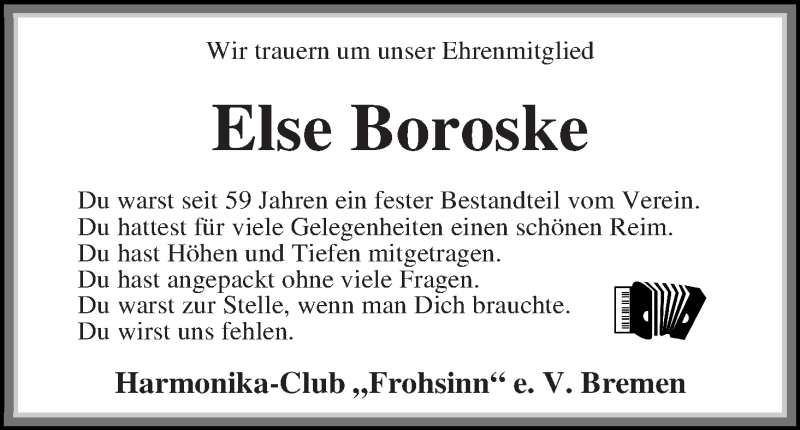 Traueranzeige von Else Boroske von WESER-KURIER