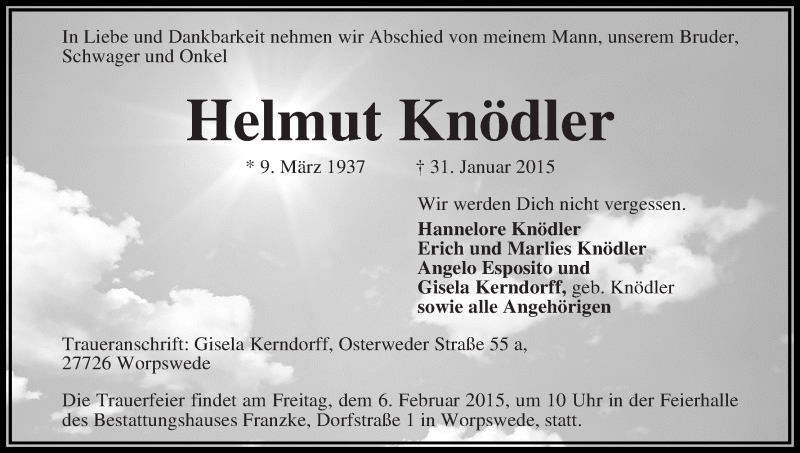Traueranzeige von Helmut Knödler von Wuemme Zeitung