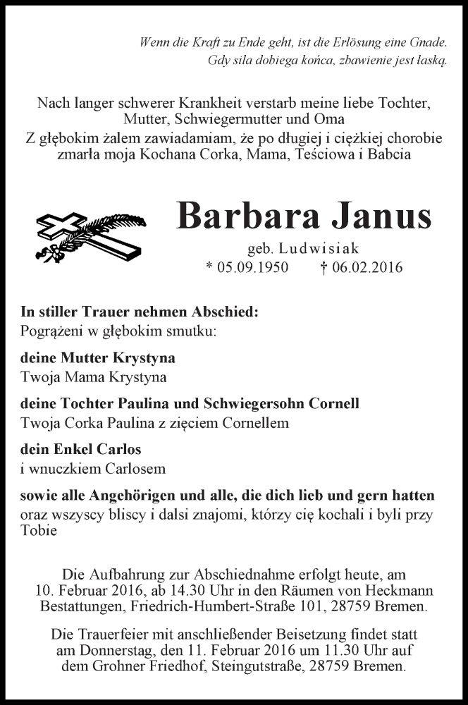 Traueranzeige von Barbara Janus von Die Norddeutsche
