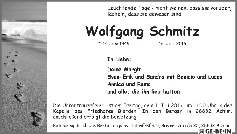Traueranzeige von Wolfgang Schmitz von Achimer Kurier/Verdener Nachrichten