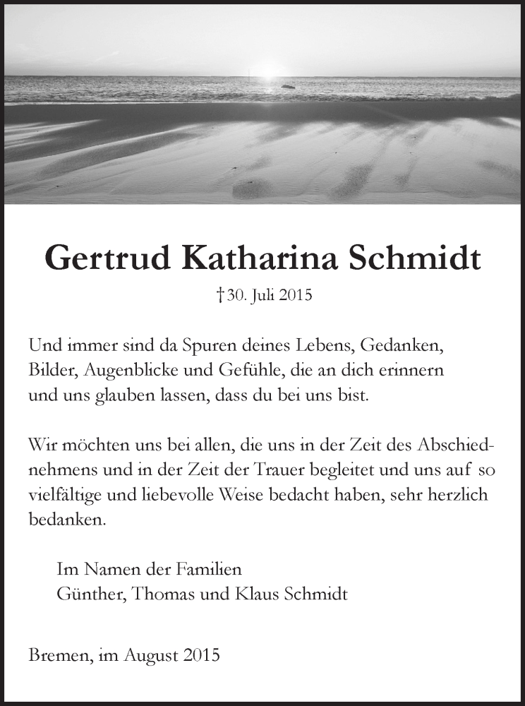 Traueranzeige von Gertrud Katharina Schmidt von WESER-KURIER
