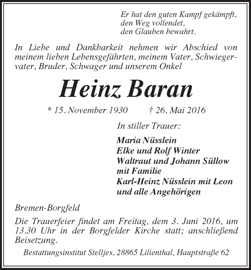  Traueranzeige für Heinz Baran vom 31.05.2016 aus WESER-KURIER