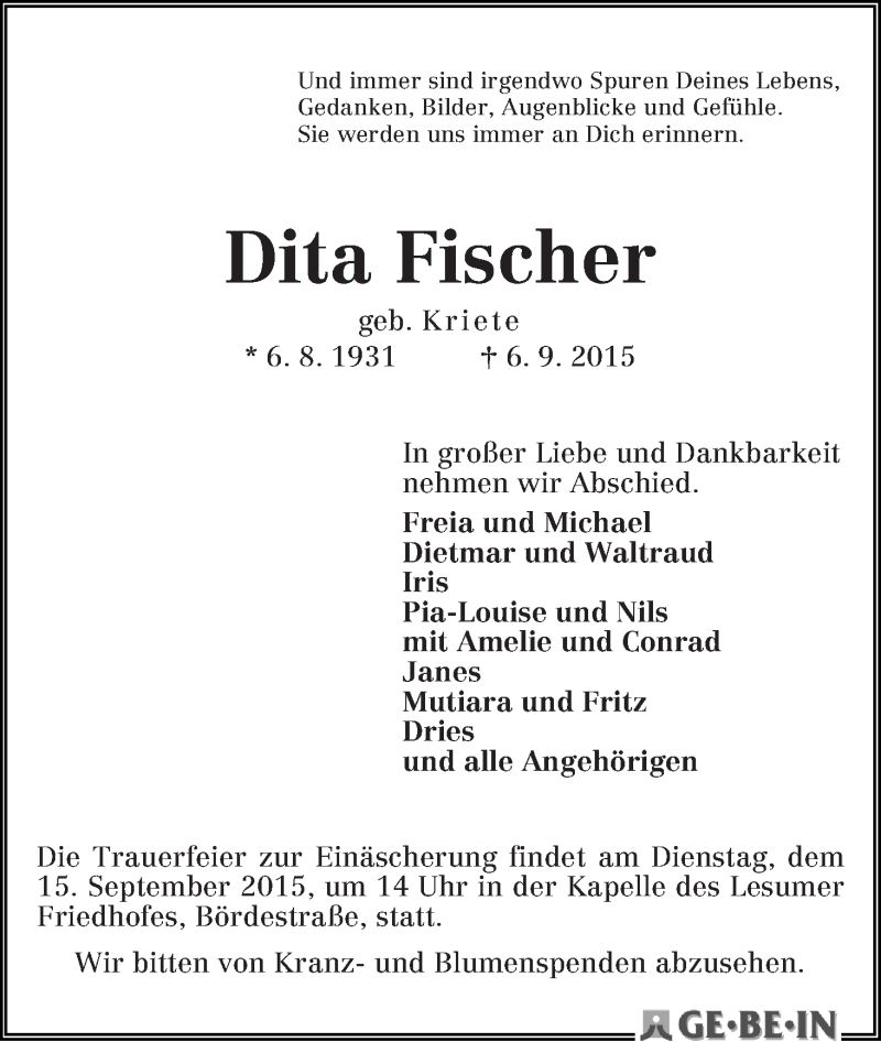 Traueranzeige von Dita Fischer von WESER-KURIER