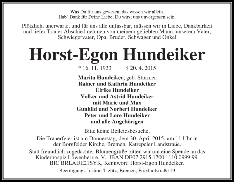 Traueranzeige von Horst-Egon Hundeiker von WESER-KURIER