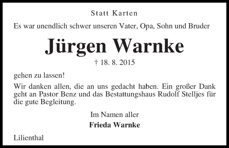  Traueranzeige für Jürgen Warnke vom 16.09.2015 aus Wuemme Zeitung
