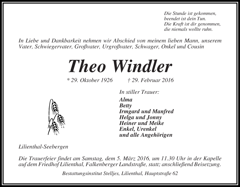 Traueranzeige von Theo Windler von Wuemme Zeitung