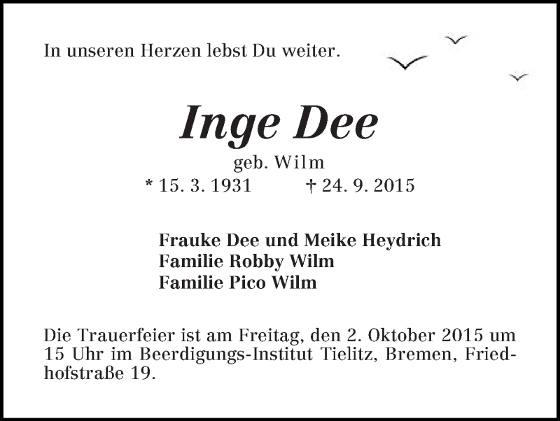 Traueranzeige von Inge Dee von WESER-KURIER
