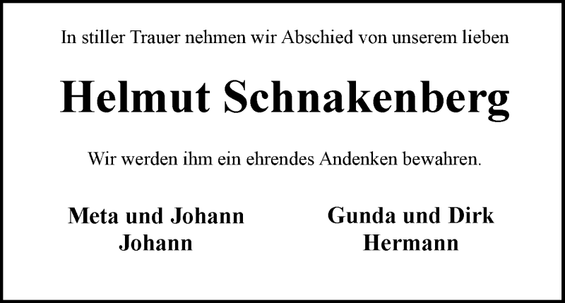 Traueranzeige von Helmut Schnakenberg von Wuemme Zeitung