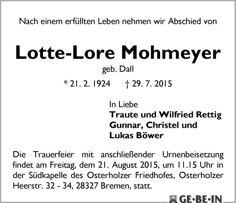 Traueranzeige von Lotte-Lore Mohmeyer von WESER-KURIER