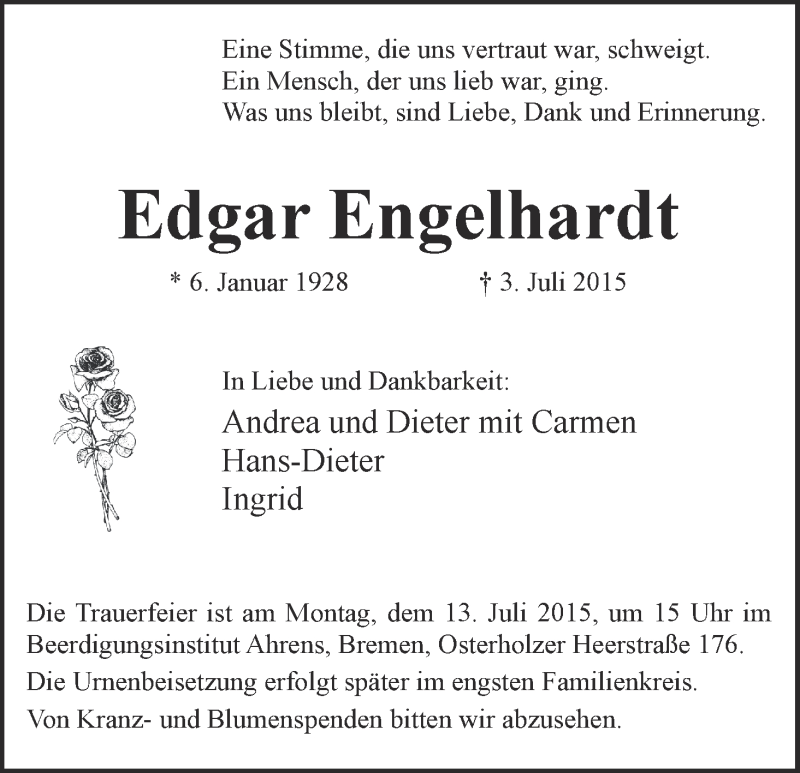  Traueranzeige für Edgar Engelhardt vom 08.07.2015 aus WESER-KURIER