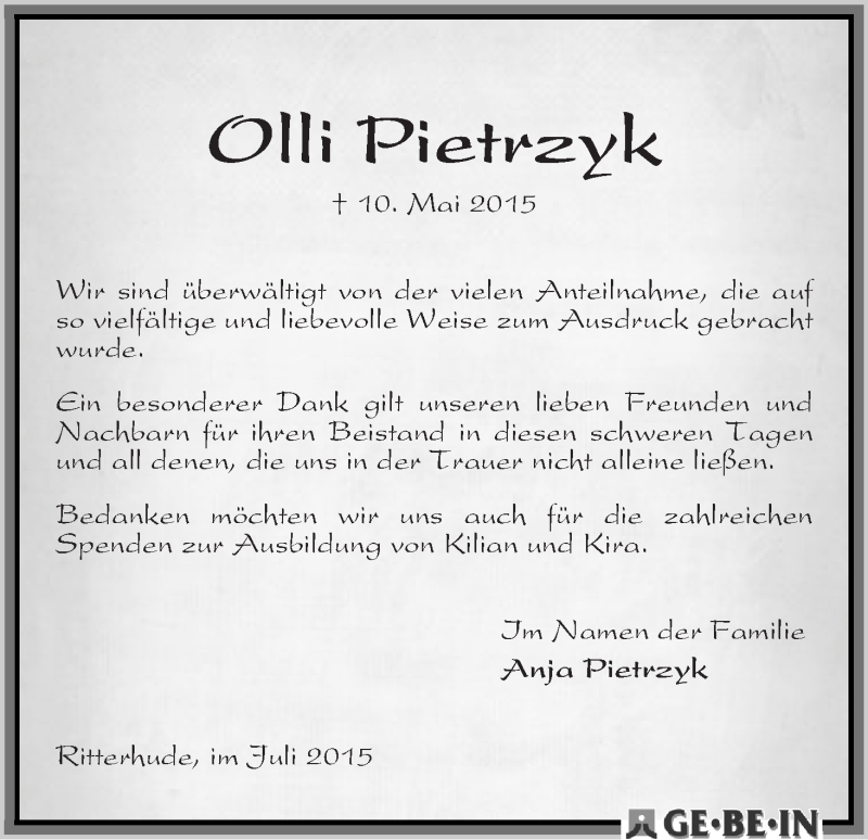 Traueranzeige von Olli Pietrzyk von WESER-KURIER