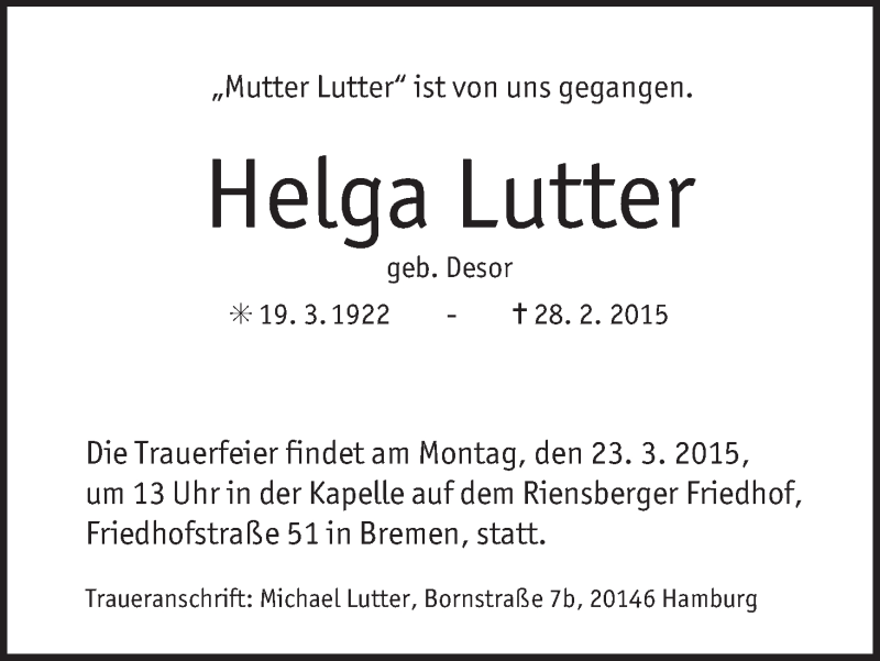 Traueranzeige von Helga Lutter von WESER-KURIER